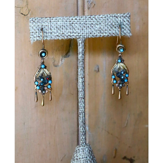 Antique 8-9K Tri Color Gold Mexican Made Bird Motif Dangle Earrings