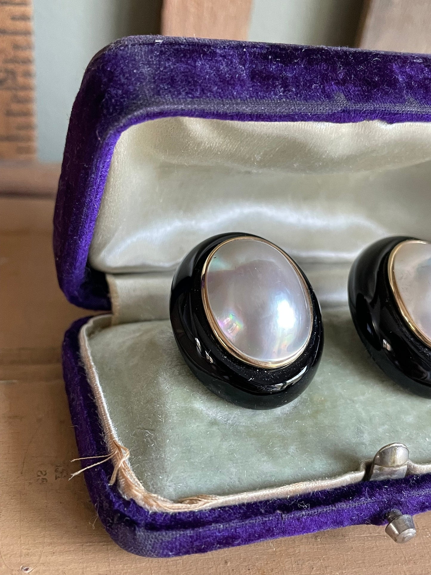 Vintage 14K Yellow Gold Onyx & Mabe Pearl Earrings Posts with Clip Backs