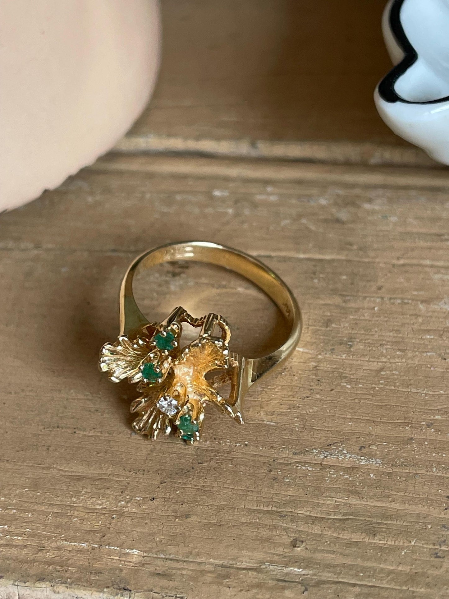 1980's 14K Vintage Textured Flower Emerald and Diamond Ring