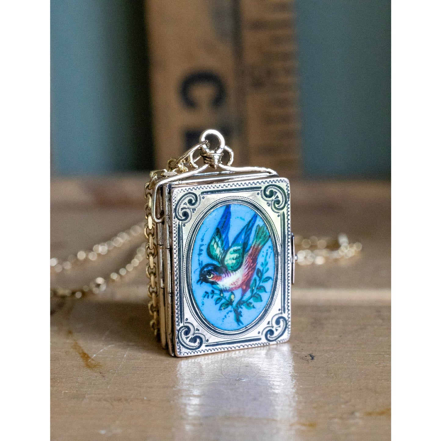 Rare Antique Hand Enameled Bird Book Locket Dating to the Victorian Era