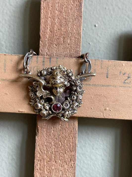 Antique Kerr Angel Cupid Pendant with Simulant Ruby