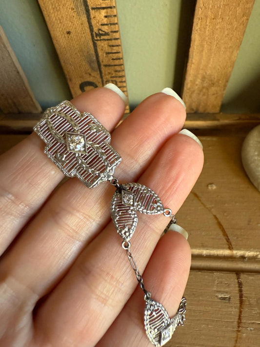 Vintage Art Deco 14K White Gold Filigree Diamond Set Necklace