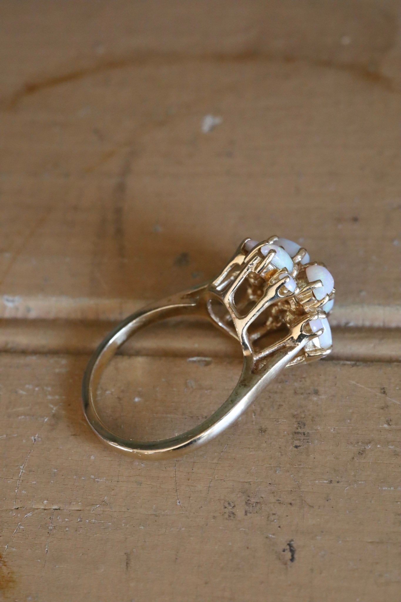 c1970 Vintage 14K Yellow Gold Round and Pear Shaped Opal Statement Ring