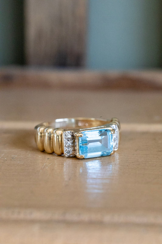 Vintage 14K Yellow Gold Emerald Cut Blue Topaz and Diamond Ring