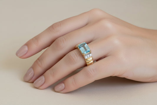 Vintage 14K Yellow Gold Emerald Cut Blue Topaz and Diamond Ring