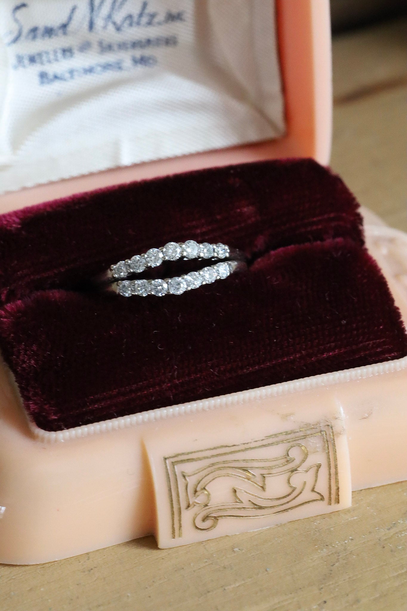 A 14K White Gold Past, Present, Future Natural Diamond Ring with Two Diamond Bands