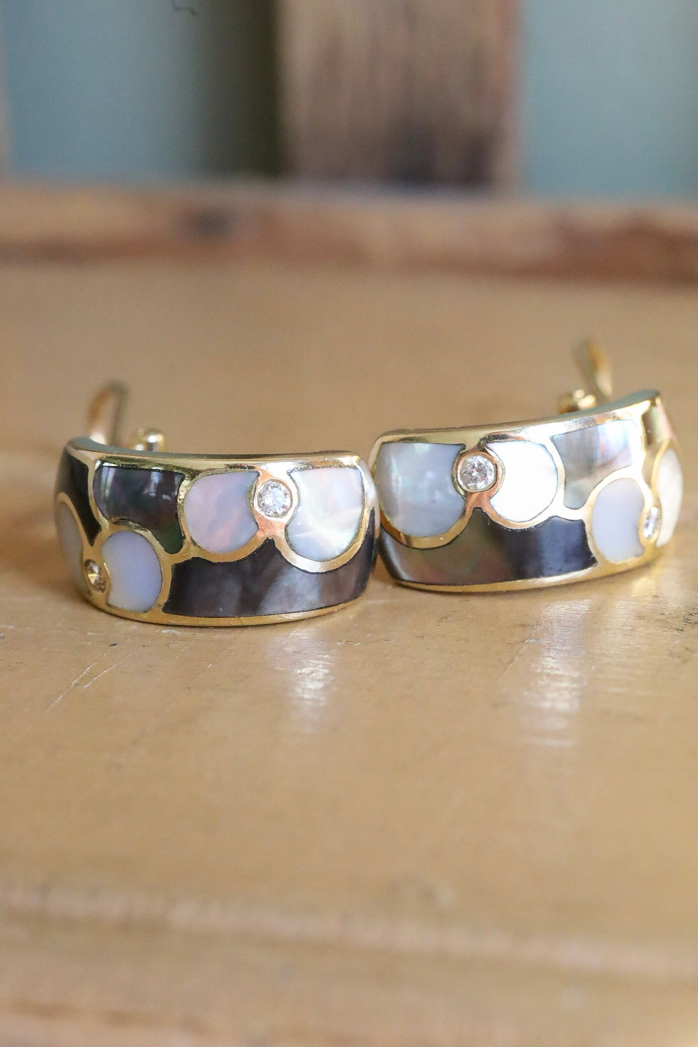Designer Asch Grossbardt Inlay 18K Yellow Gold Half Hoop Earrings