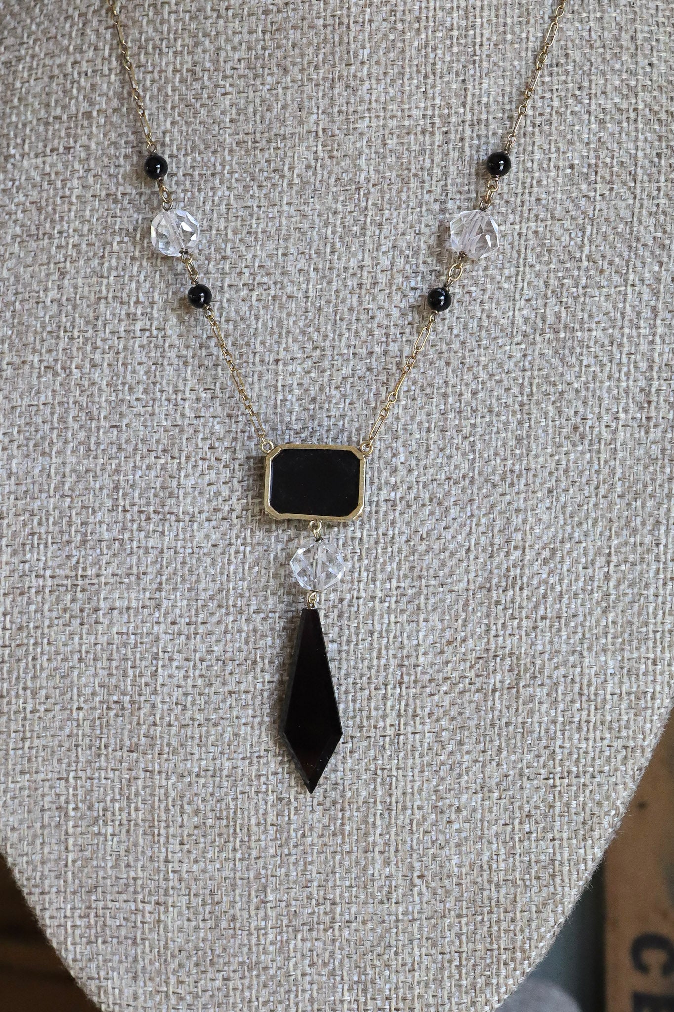 c1940 14K Yellow Gold Onyx and Crystal Necklace and Earrings