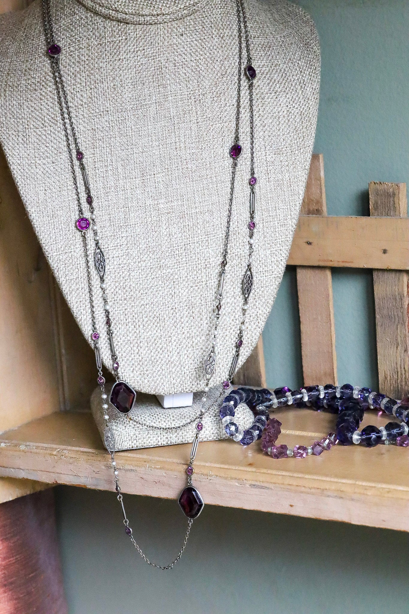 c1900 Antique Long Watch Chain with Glass Amethyst and Pearls