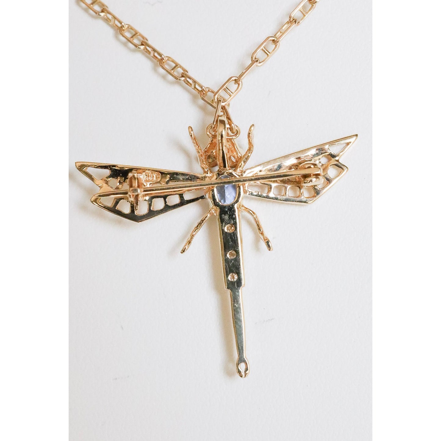 A 14K Yellow Gold Tanzanite and Diamond Dragonfly Brooch Pendant
