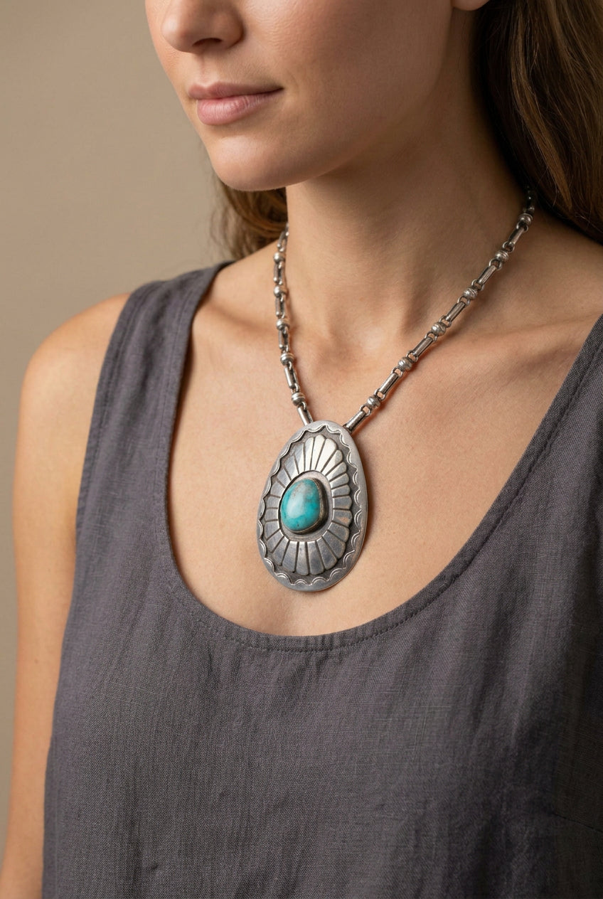 Large Vintage Sterling Silver Navajo Turquoise Pendant