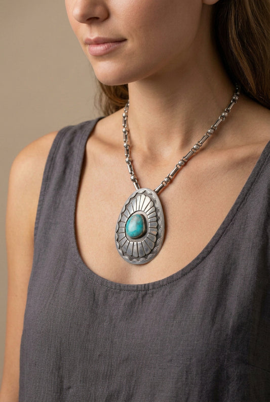 Large Vintage Sterling Silver Navajo Turquoise Pendant