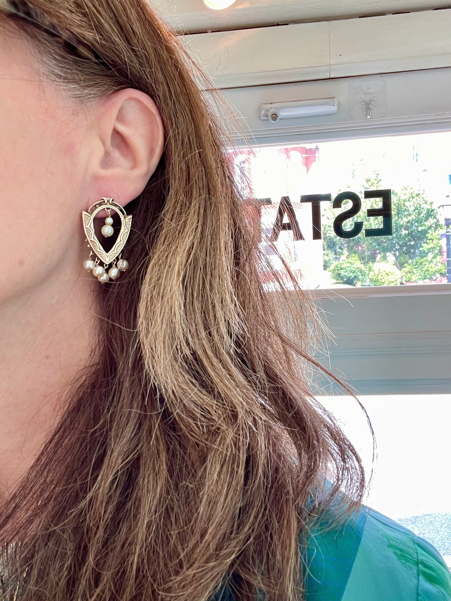 Victorian Revival 10K Yellow Gold Mid Century Pearl Dangle Earrings