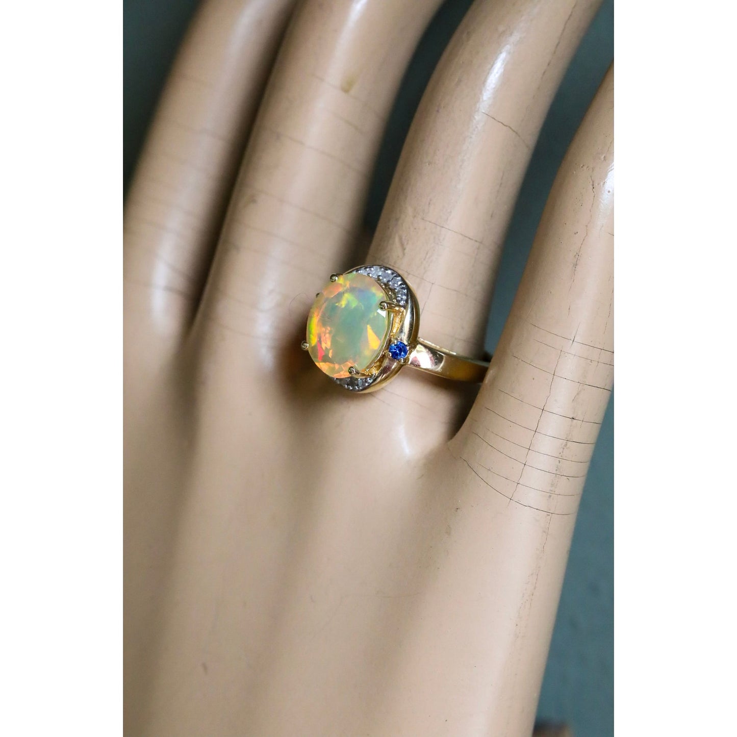 10K Yellow Gold Ethopian Opal Ring with Diamonds and Sapphires