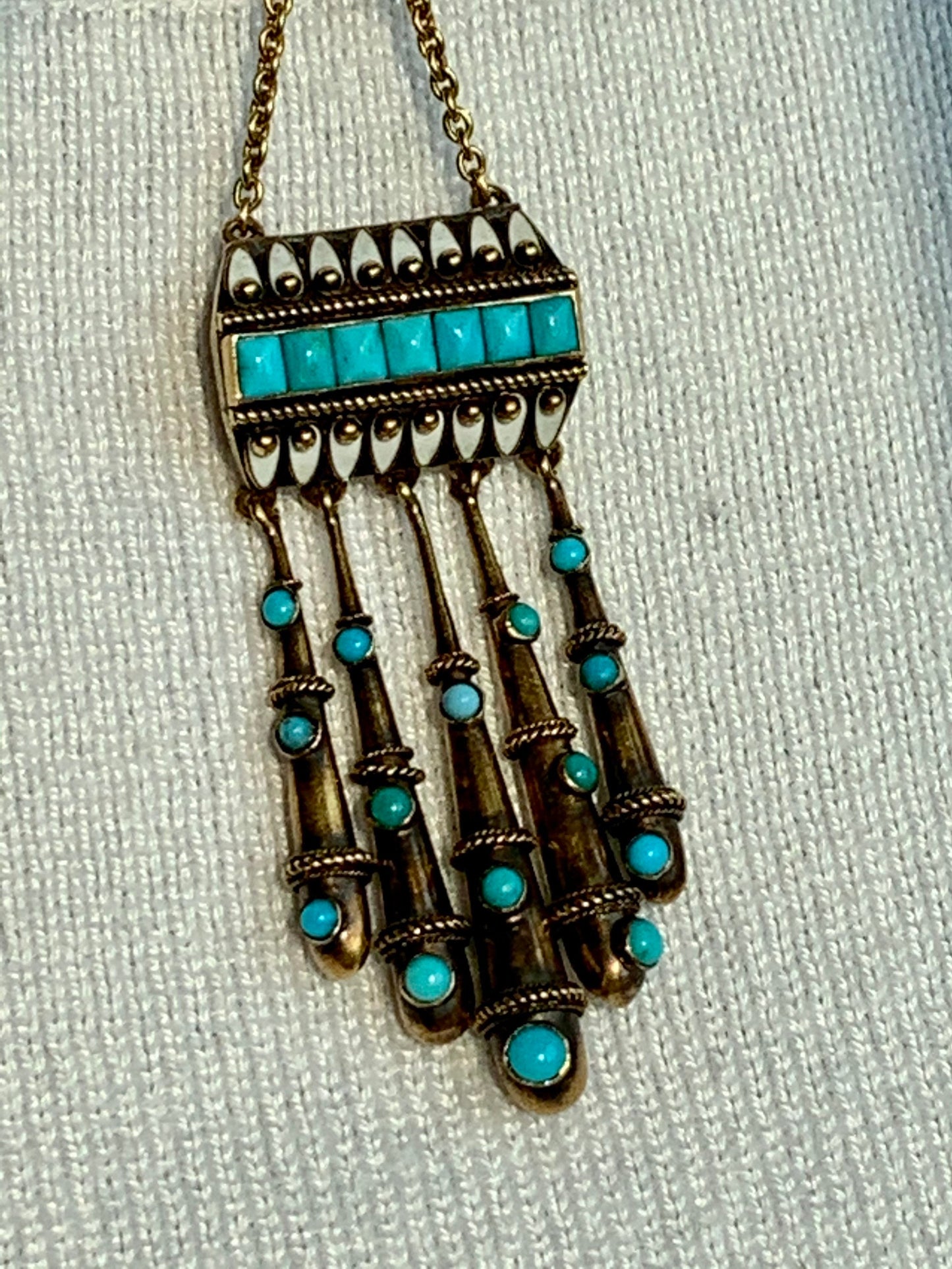 c1870 Victorian 14K Yellow Gold Turquoise and White Enamel Dangle Pendant