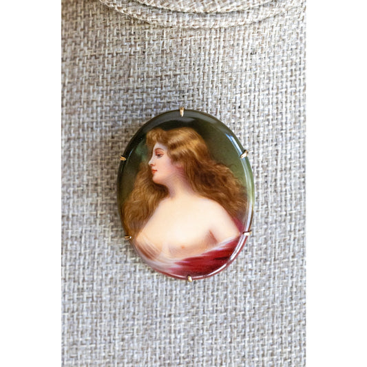 c1900 Antique Victorian Hand Painted Porcelian Risque Portrait Brooch