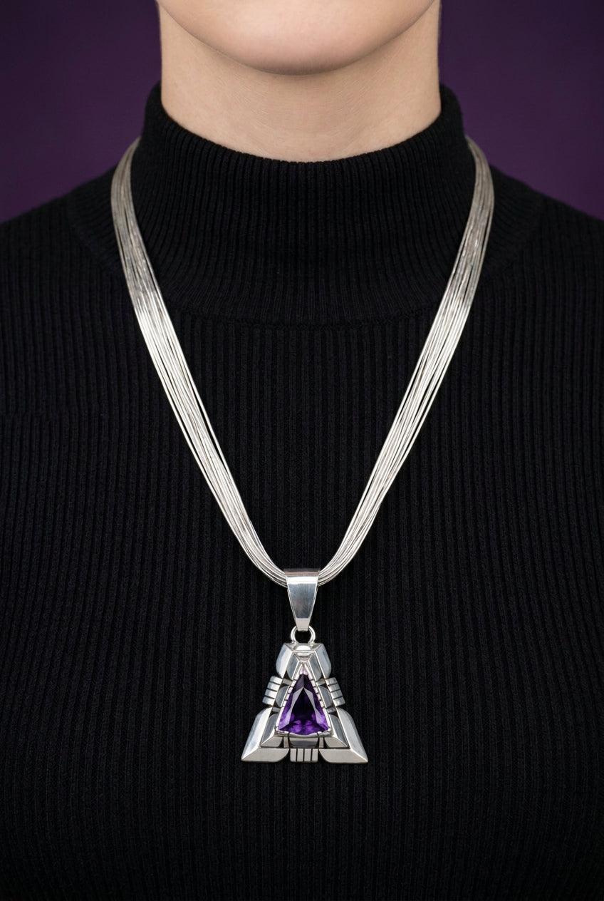 A Bold Sterling Silver Liquid Strand Necklace with Sterling Silver Amethyst Pendant