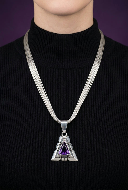 A Bold Sterling Silver Liquid Strand Necklace with Sterling Silver Amethyst Pendant