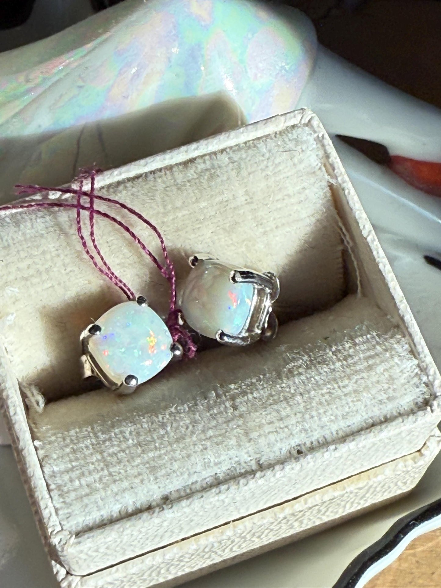 10K White Gold Cabochon Cut Opal Stud Earrings with 14K White Gold Tension Backs