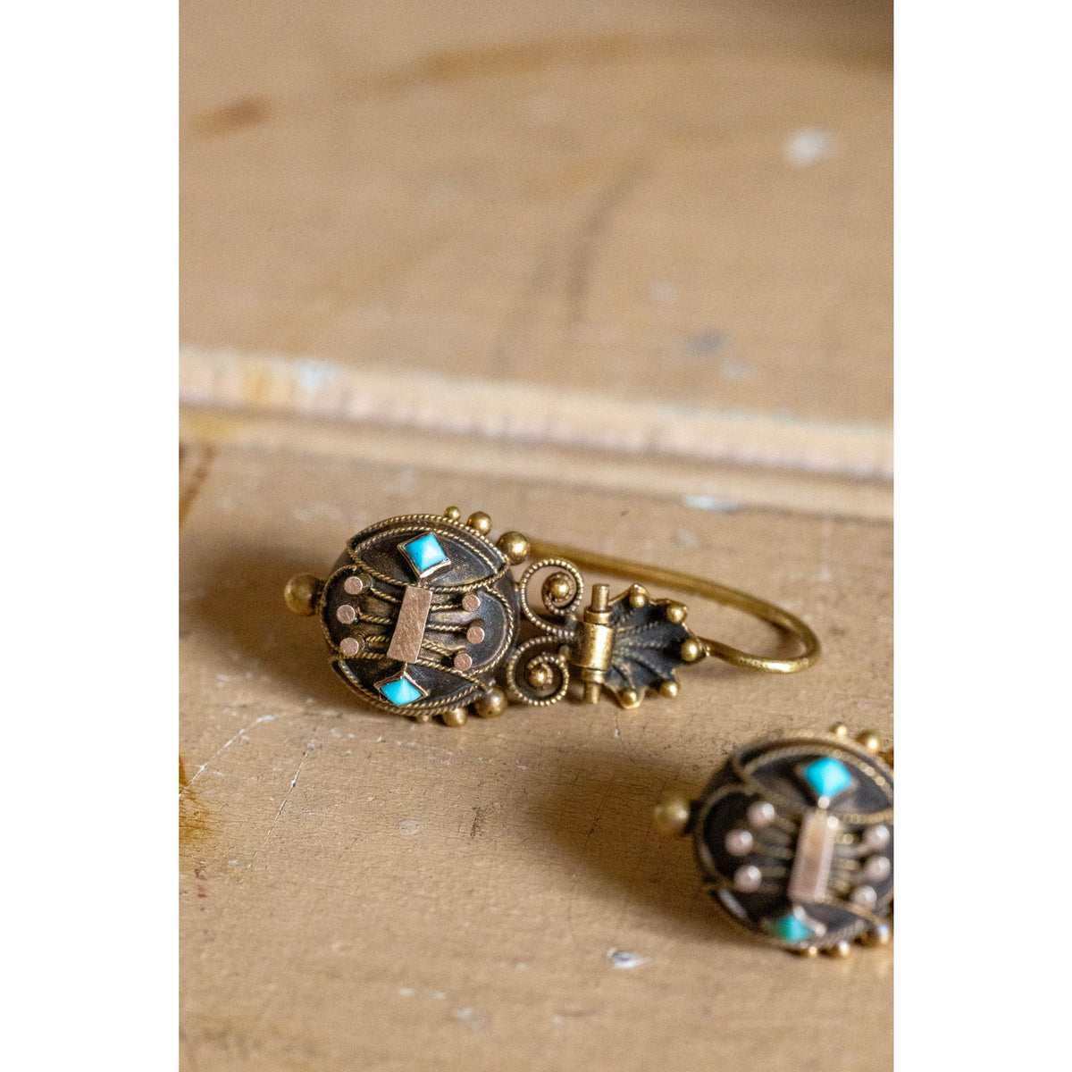 14K Bloomed Gold Victorian Antique Etruscan Revival Turquoise Dangle Earrings