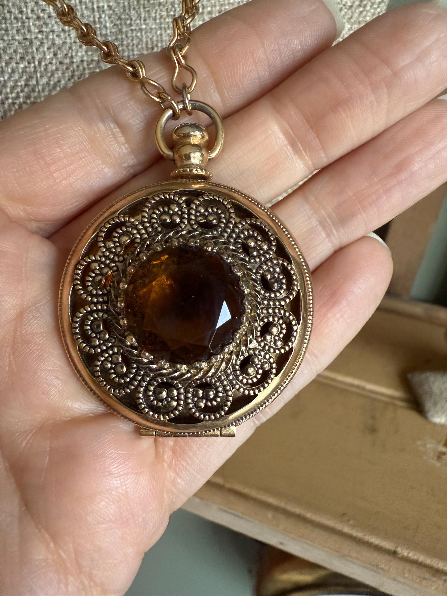 c1970 Costume Round Glass Citrine Like Stone Set Locket on Long Chain