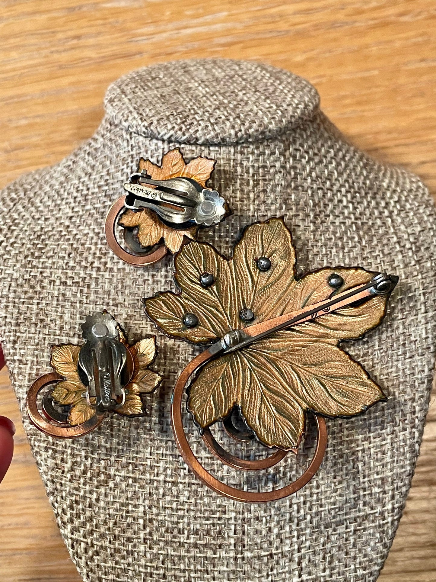 C1960 Matisse Enamel Copper Leaf Brooch and Clip Earrings