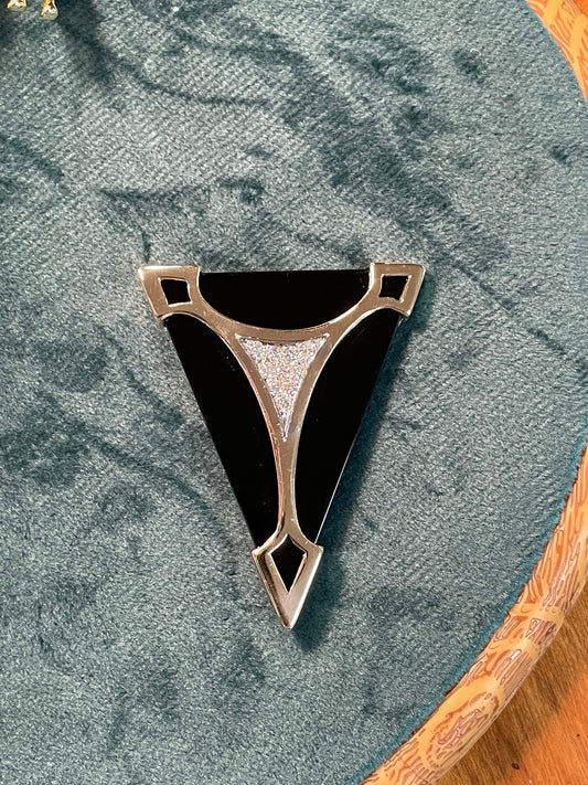 Fine 1980's 14K Gold Brooch with Onyx and Pave Set Diamonds