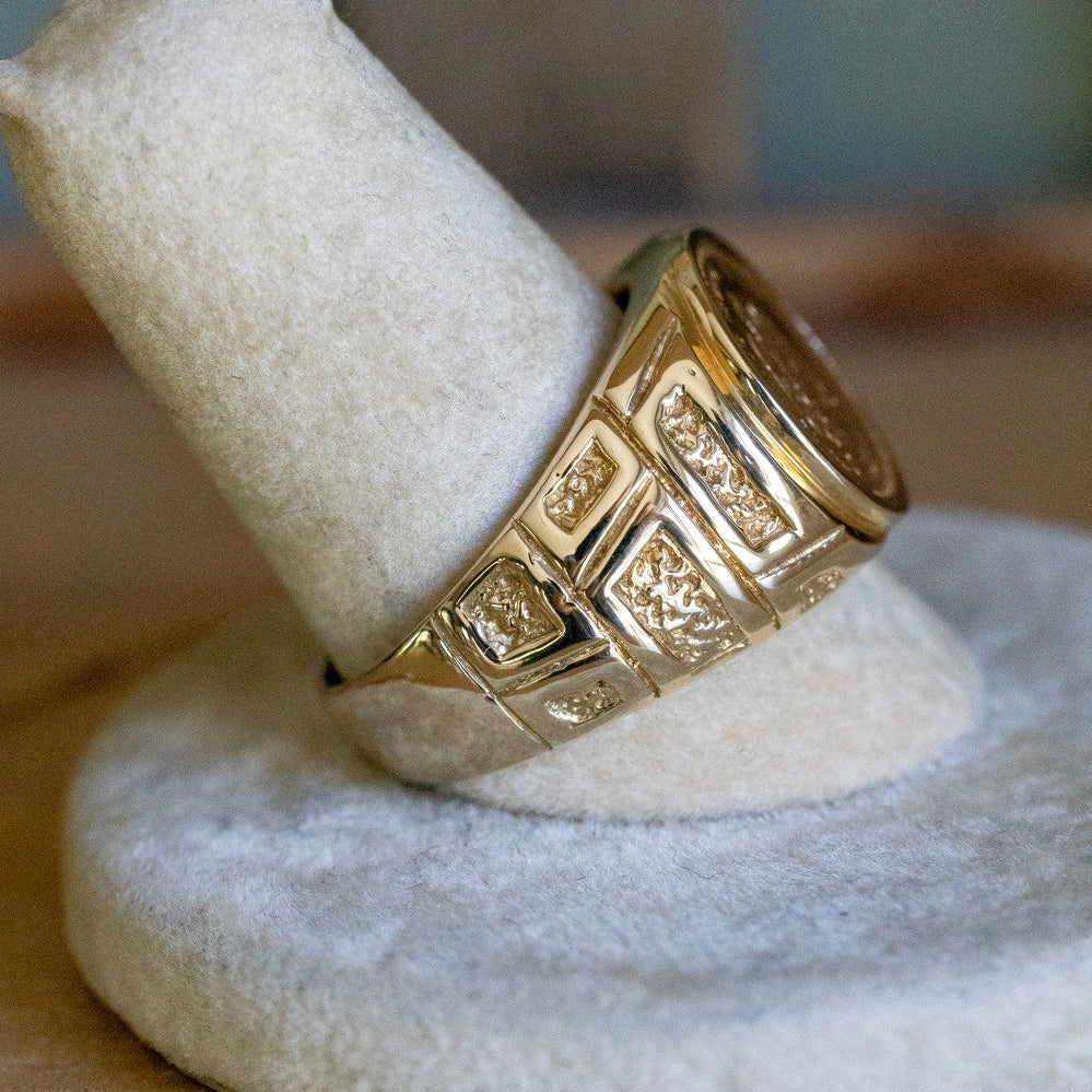 A Gold 1945 Mexican Dos Pesos Coin Set in 14K Yellow Gold Ring