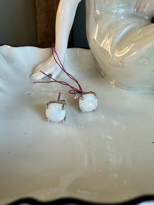 10K White Gold Cabochon Cut Opal Stud Earrings with 14K White Gold Tension Backs