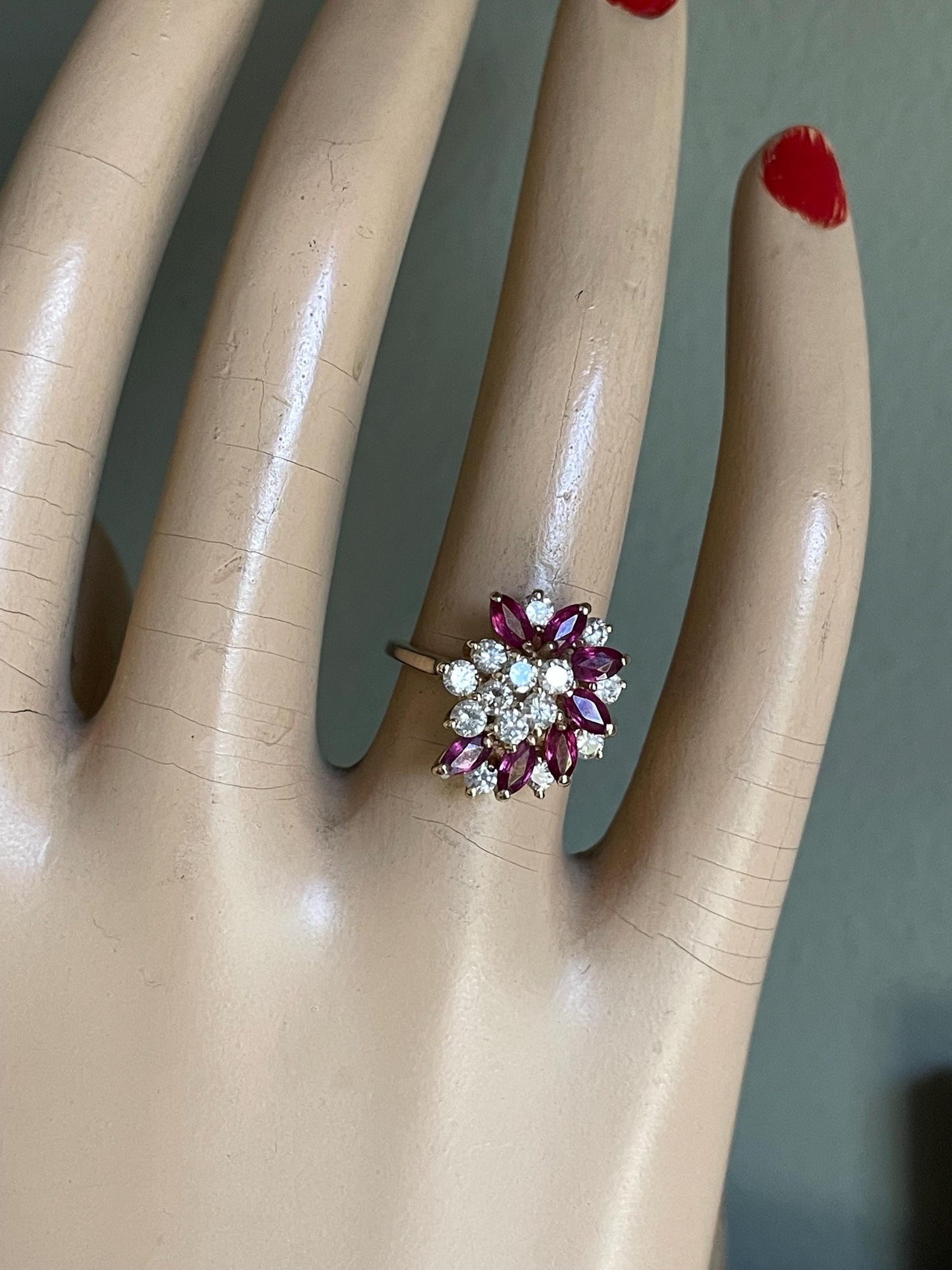 A 14K Yellow Gold Vintage Ring Featuring Natural Ruby and Diamond Spray