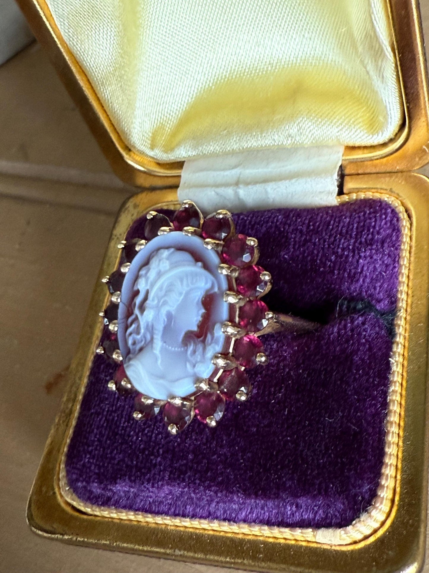 Vintage 14K Yellow Gold Carved Shell Cameo with Pink Tourmaline Halo Ring