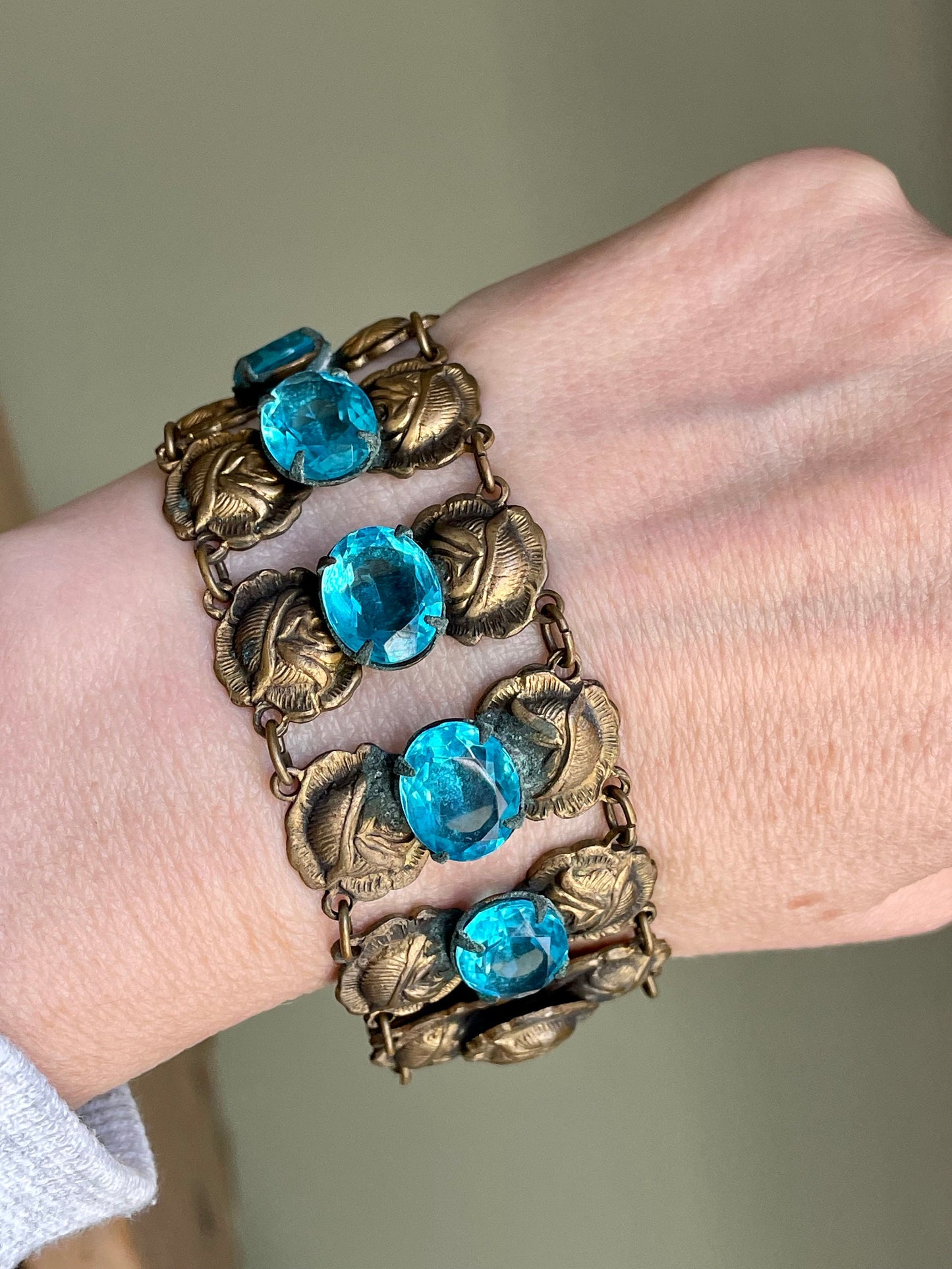 Late Edwardian Early Art Deco Aqua Paste Brass Alloy Wide Bracelet