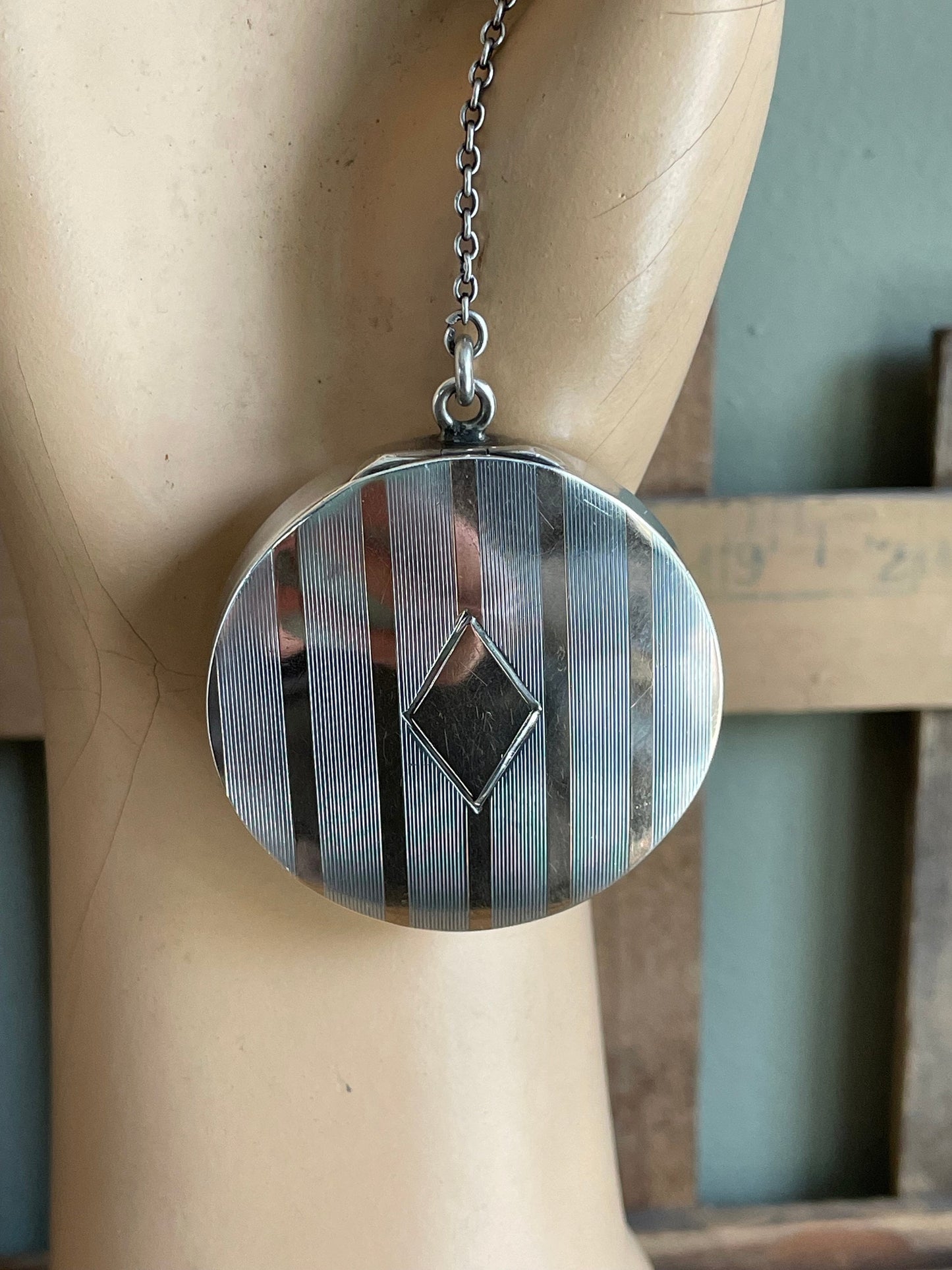 Antique Sterling & 14K Rose Gold Compact - Engine Turned Design