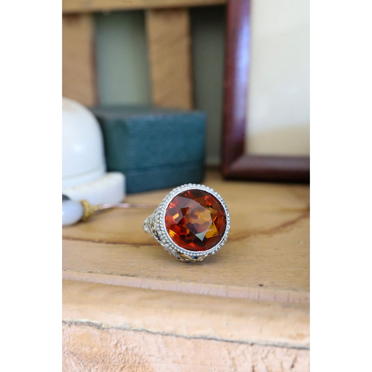 14K White Gold Authentic Art Deco Citrine Ring with Seed Pearl Halo