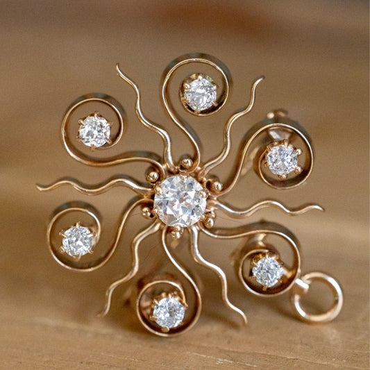 c1915 10K Yellow Gold Starburst Old European and Mine Cut Diamond Pendant Brooch