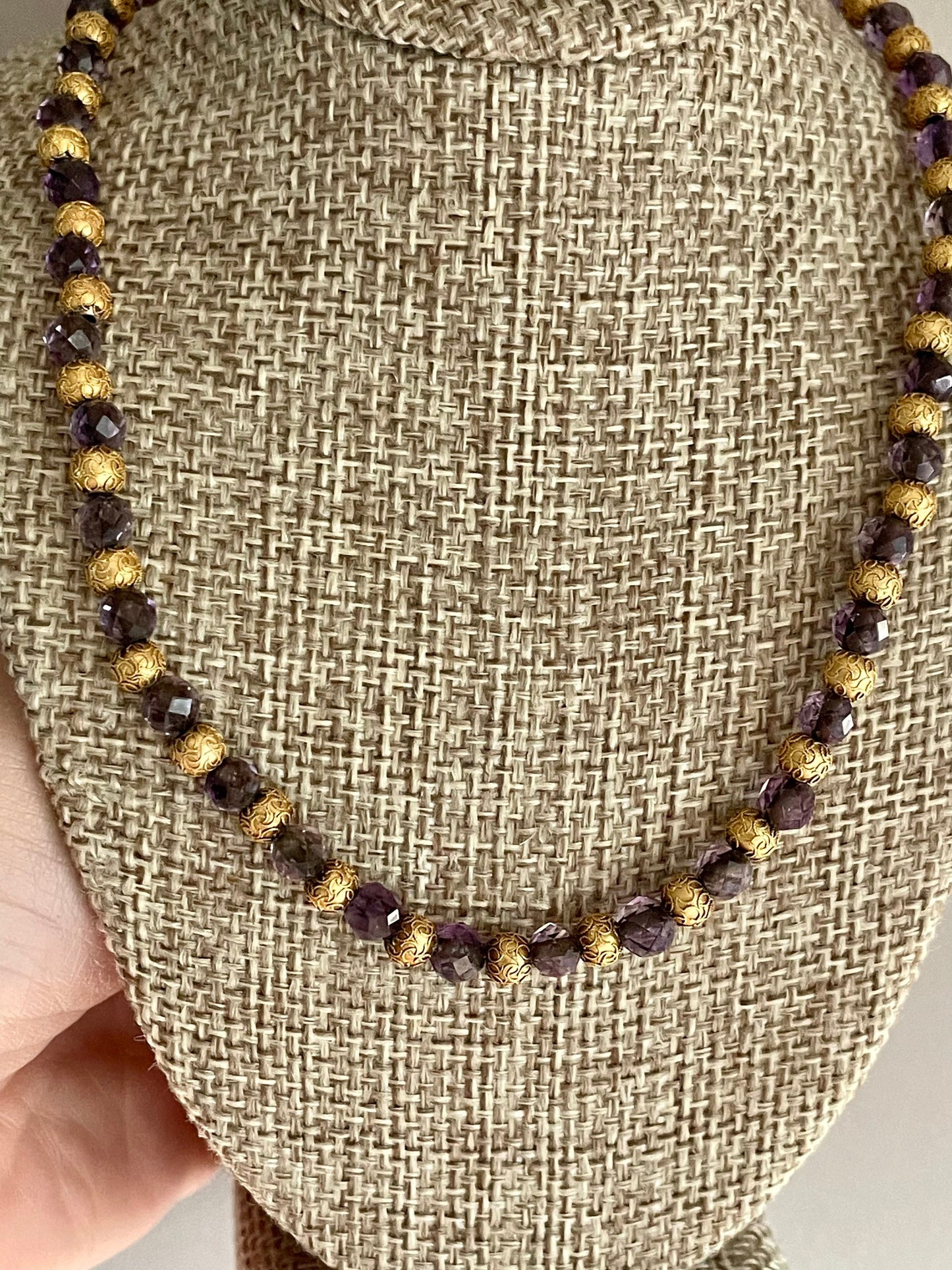 14K Yellow Gold Amethyst Etruscan Revival Bead and Amethyst Bead Necklace