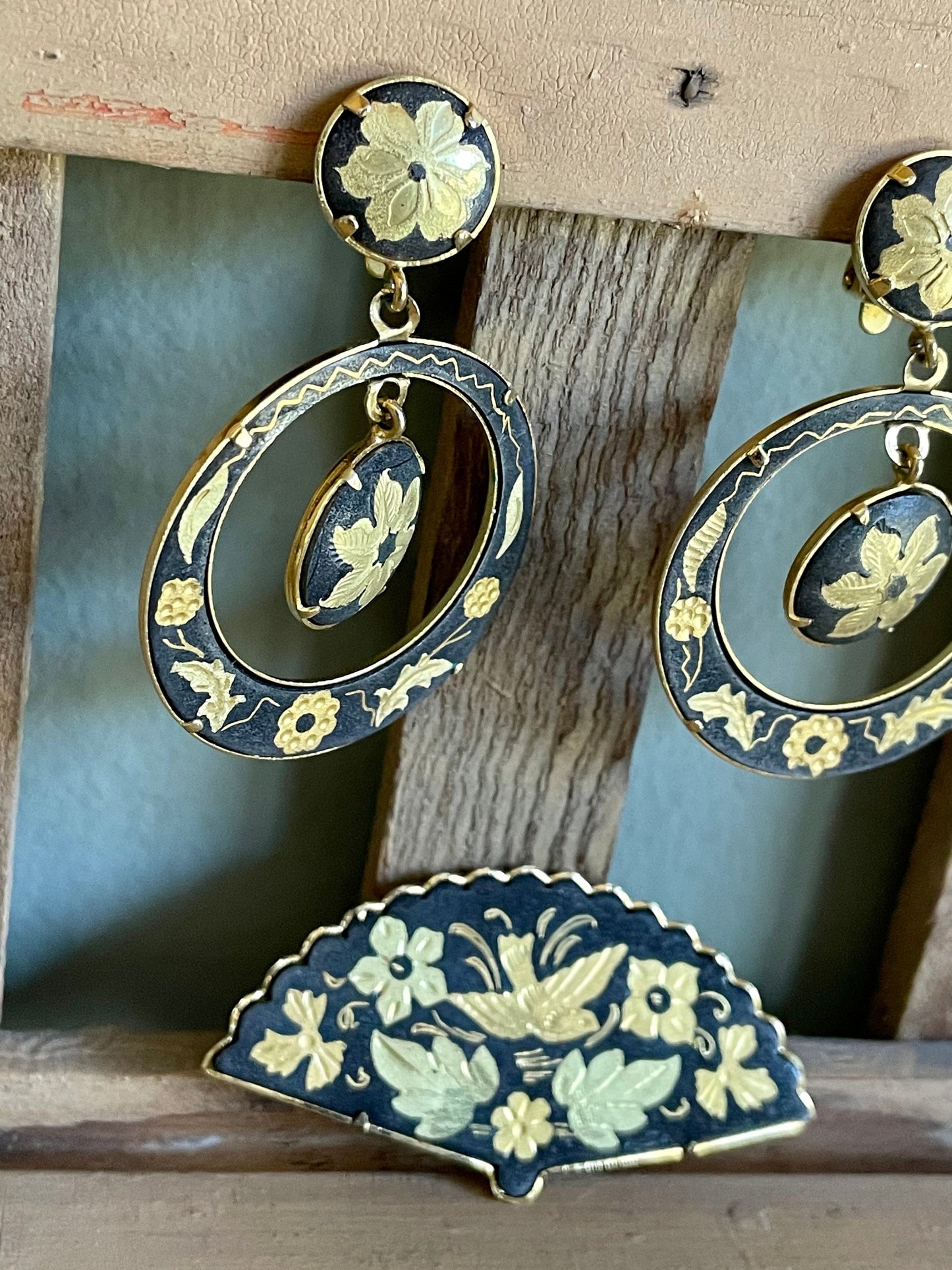 Vintage Damascene Style Fan Brooch with Dangle Earrings