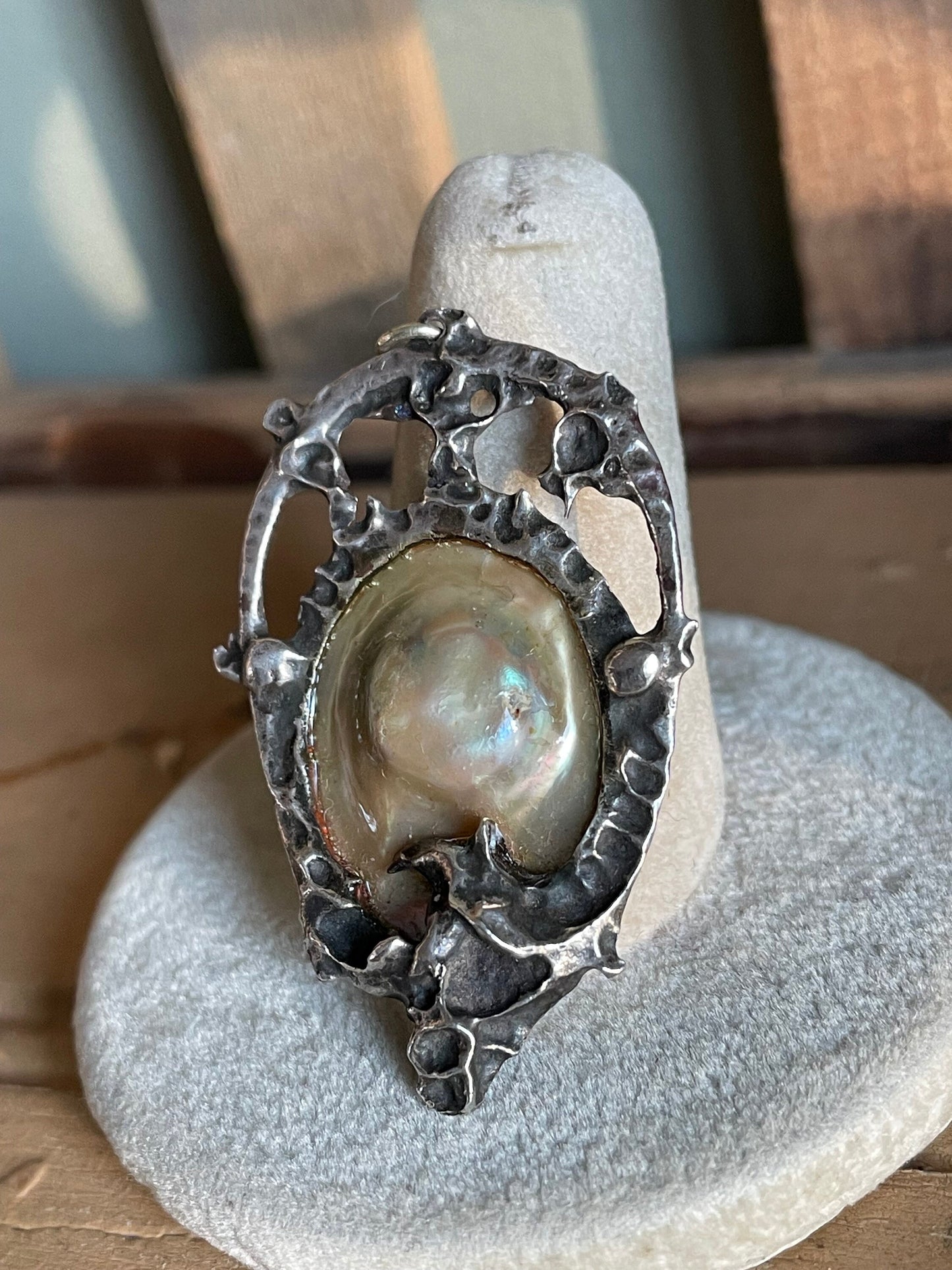 Antique Art Nouveau Arts and Crafts Blister Pearl In Sterling Silver Pendant with Engraving