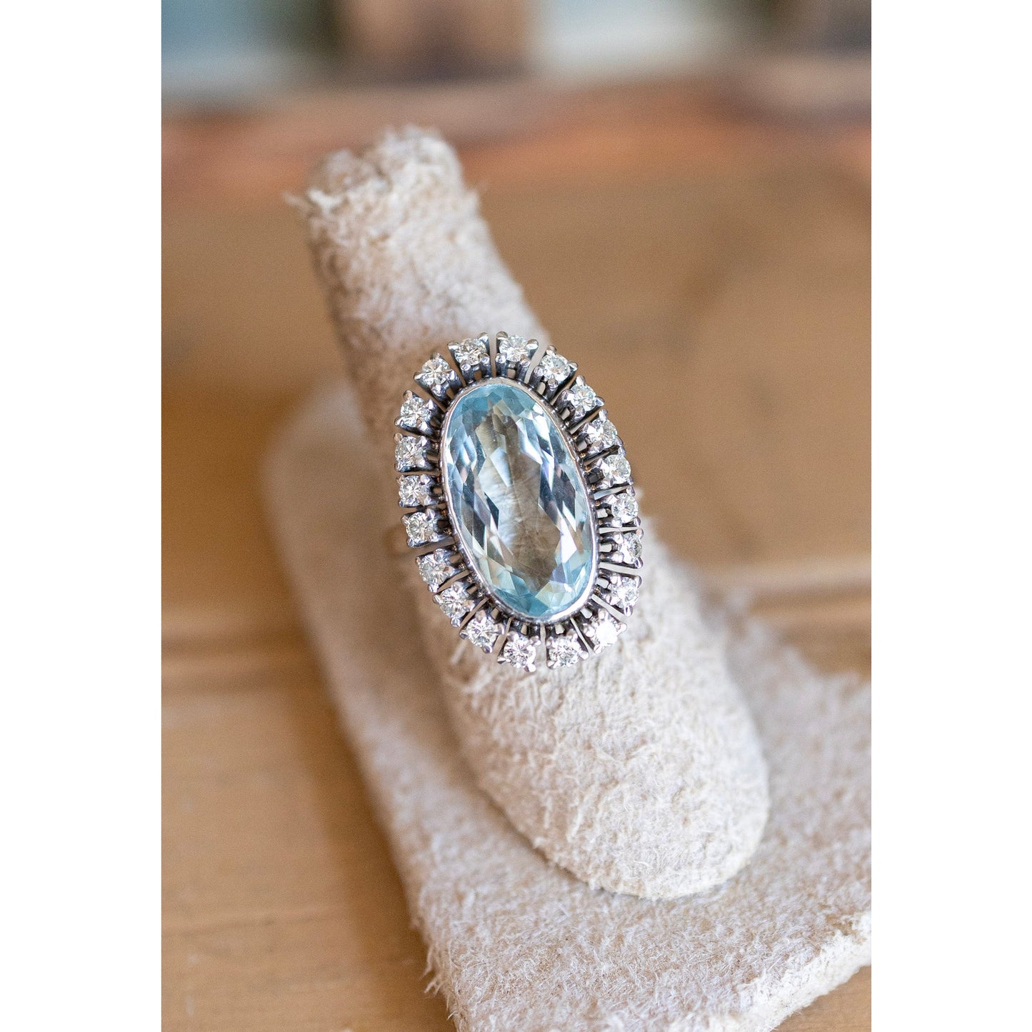 Vintage 1950's 18K White Gold Mid-Century Oval Cut Aquamarine and Natural Diamond Halo Ring