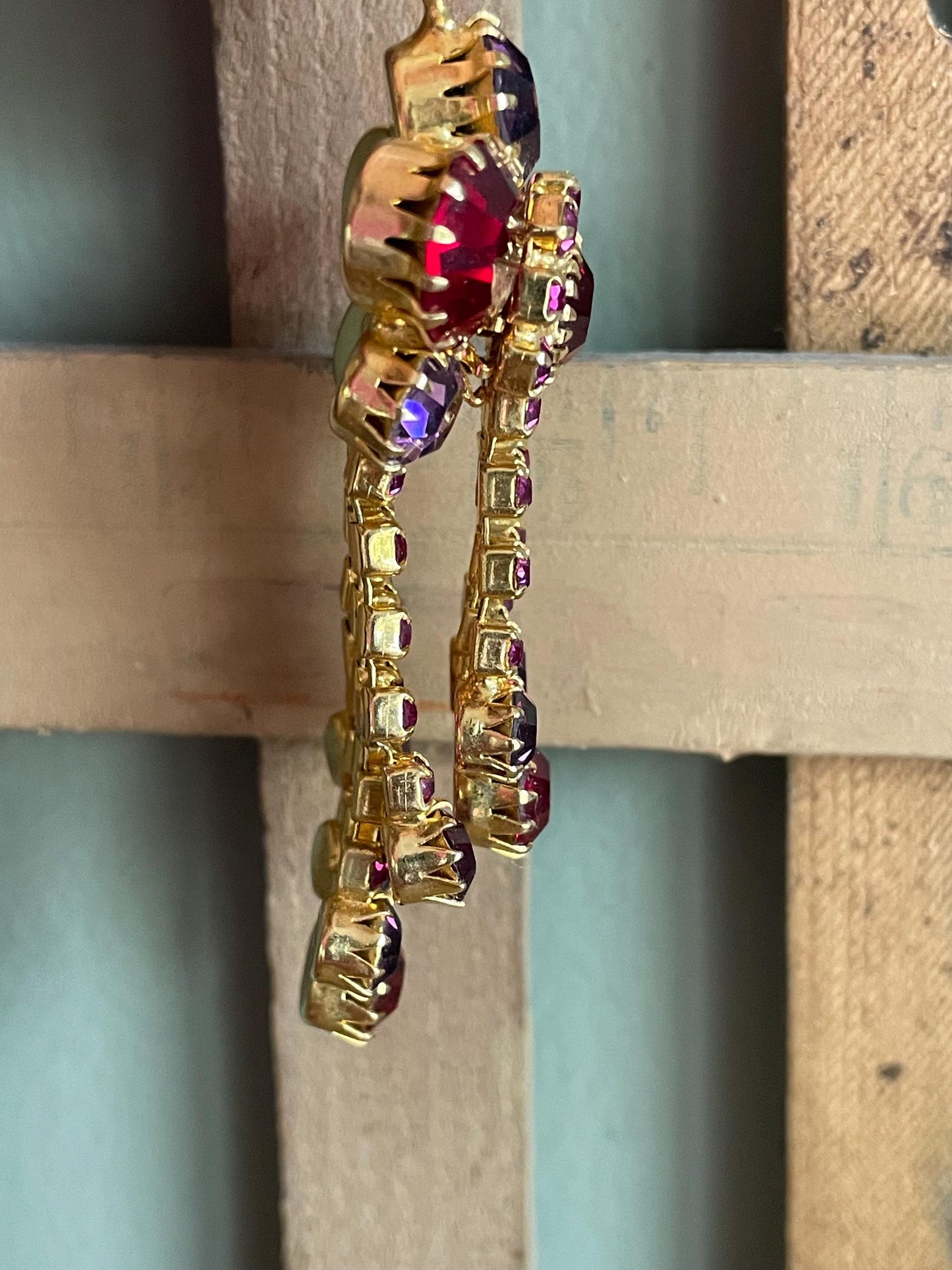 Swinging 1960's Purple and Red Rhinestone Pendant and Earrings Set