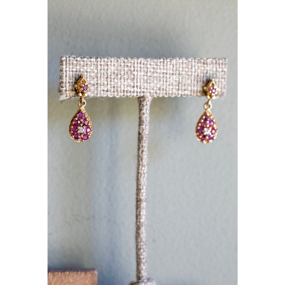C1980 Vintage 14K Natural Ruby and Diamond Drop Earrings