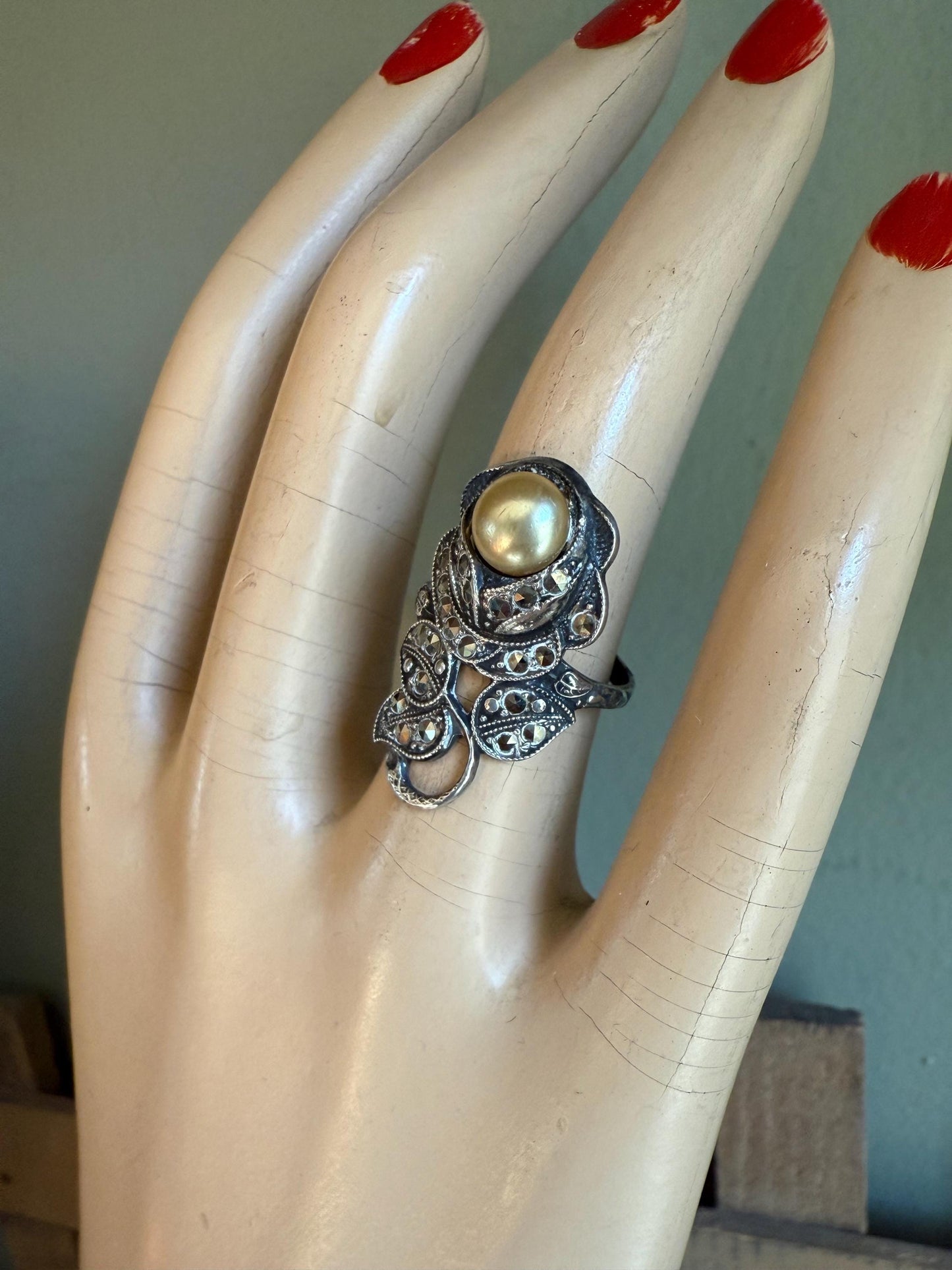 Sterling Silver c1920-1930 Art Deco Marcasite Pearl Rose Ring
