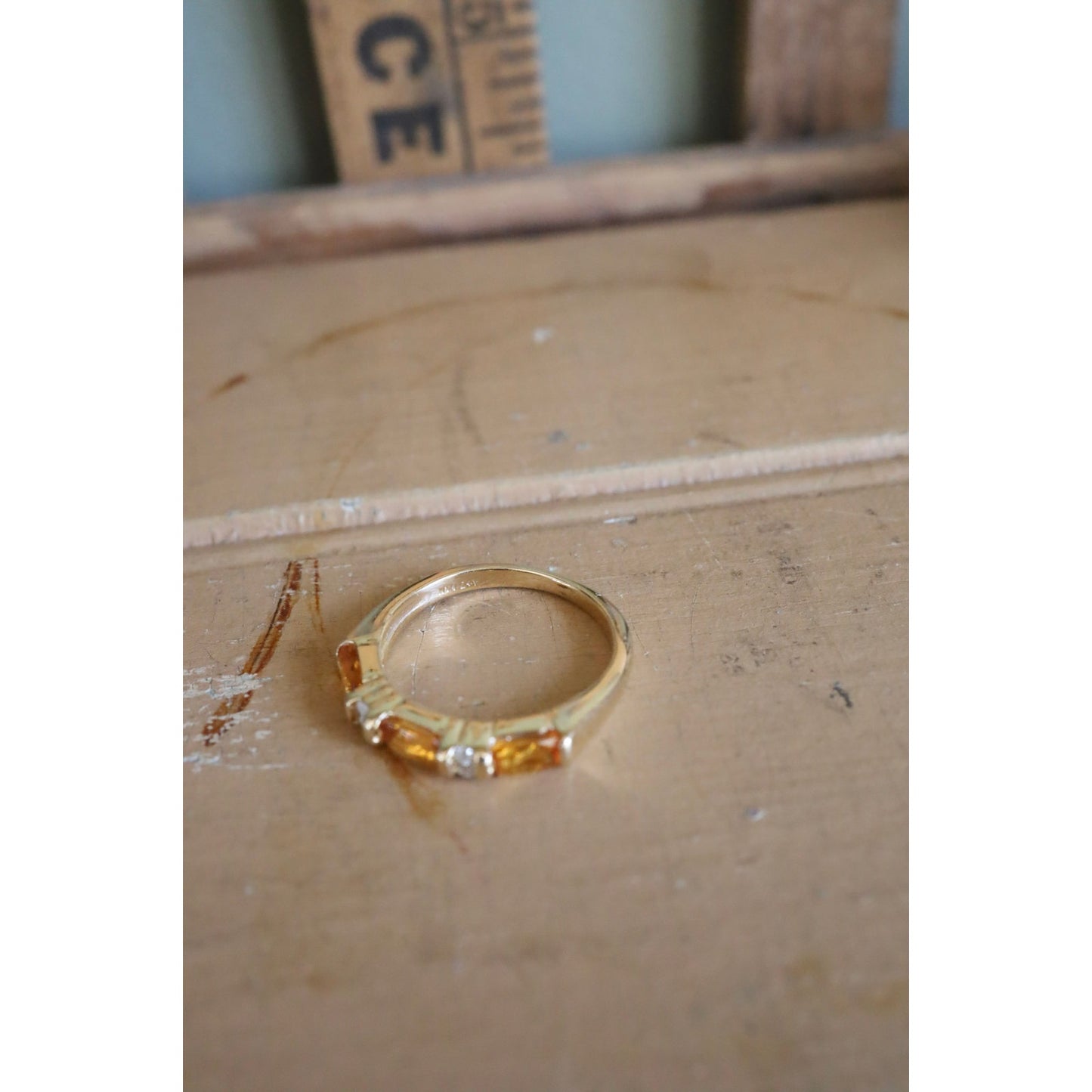 Vintage 14K Yellow Gold Citrine and Diamond Band Ring