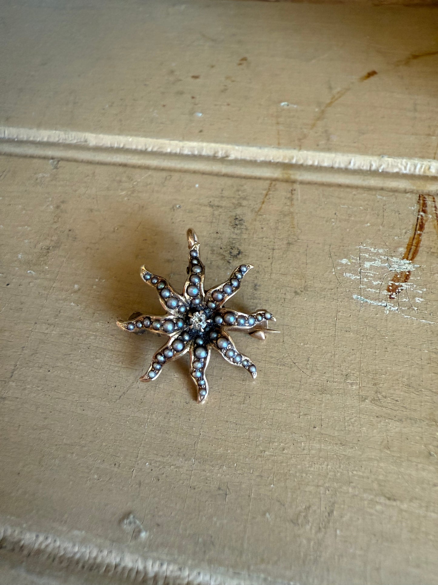 Victorian Antique Natural Seed Pearl and Diamond Star Burst Brooch Pendant