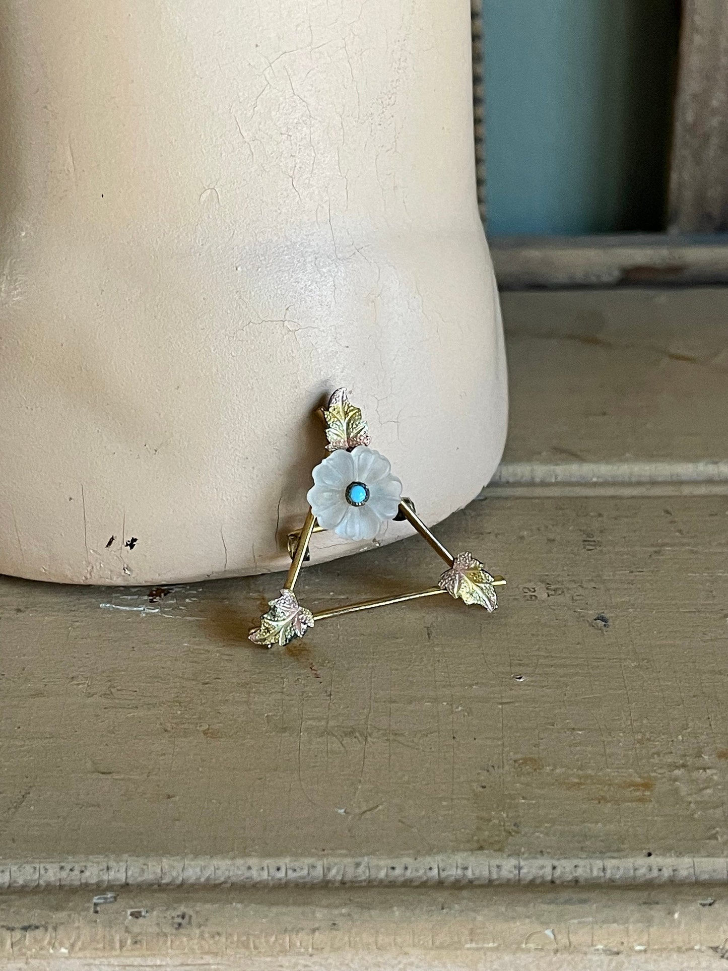 Antique Victorian Tri Color Gold Filled Flower Turquoise Brooch