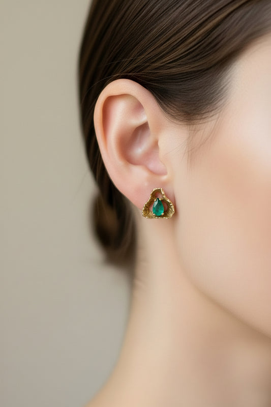 c1970's Brutalist Style Emerald 14K Gold Earring Studs