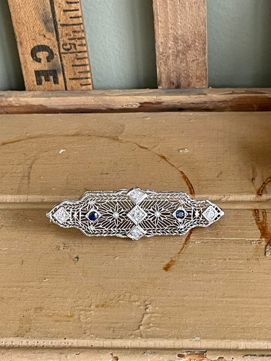 1930-1940 14K White Gold Filigree Diamond and Sapphire Brooch