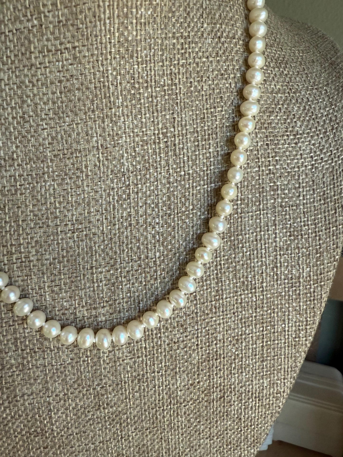 A Strand of Cultured Pearls Hand Knotted with 14K Yellow Gold Clasp
