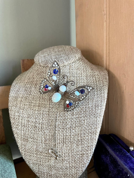 Late Victorian Early 20th Century 8K Opal Hinged Butterfly Brooch