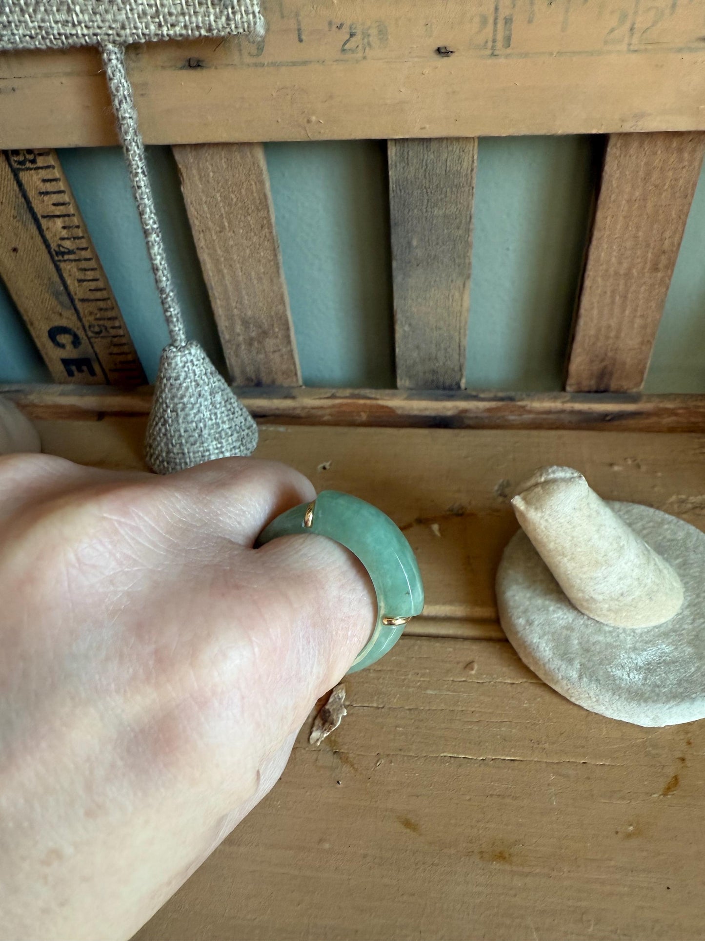 Vintage Solid Green Jade Ring with 14K Accents Size 11